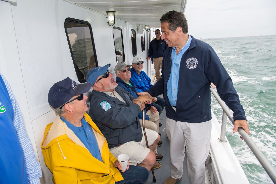 Governor Cuomo greets people on the Montauk Star<br>